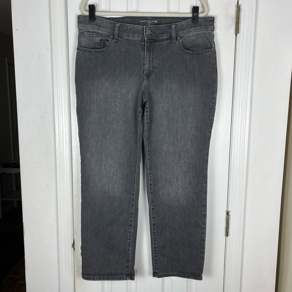 Chico’s Straight Leg Jeans Sz 3 Short Stretch Denim Charcoal Gray Black